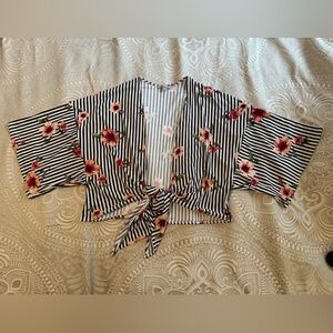 Charlotte Russe Black & White Striped Floral Kimono Style Tie Cardigan